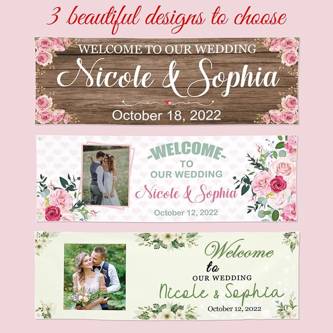Personalized Wedding Congratulations Banners and Signs Customize Outdoor with Name Photo Date Custom Wedding Welcome Sign for Reception Party Ceremony 6'x2'