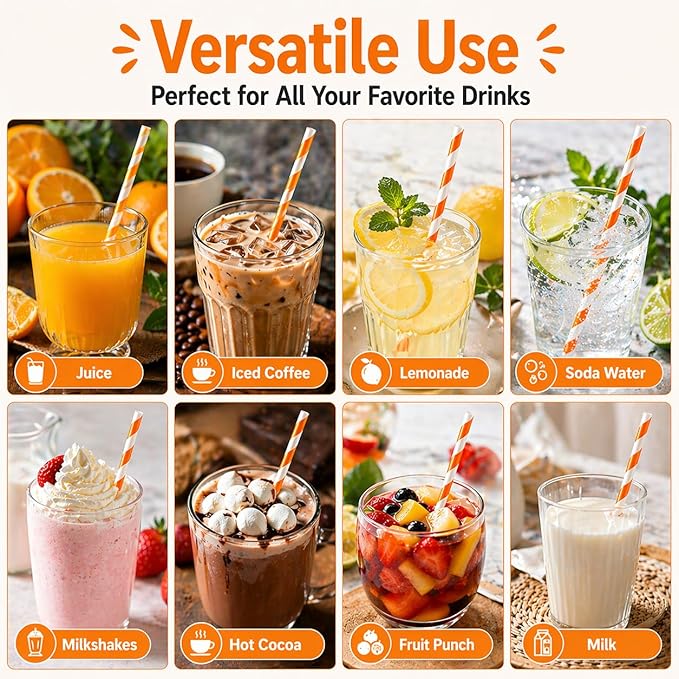 100 Pack Orange and White Striped Paper Straws, 7.75" Disposable Drinking Straws, Paper Party Straws for Halloween, Birthday, Bridal Shower and New Year Supplies