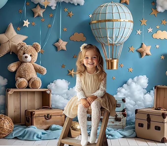 Kate 7x5ft Sweet 1st Birthday Party Backdrops for Photography Hot Air Balloon Microfiber Background Toy Bear Cloud Backgrounds Baby Birthday Party Cake Smash Studio Backdrop