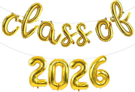 TONIFUL Gold Cursive Class of 2026 Graduation Balloon Banners 2026 commencement Decor Grad Foil Balloons 2026 Congrats Grad Balloons for Class of 2026 Congratulation Graduation Party Supplies