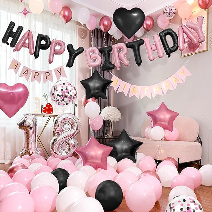 CANREVEL Happy Birthday Balloons Banner 16 Inch Mylar Foil Letters with Star & Heart Balloons Birthday Party Decorations for Men and Women - 30 Pcs Black Pink
