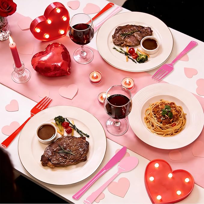 153 Pcs Valentine's Day Plastic Silverware Heavy Duty Disposable Tableware Sets Includes Spoons Forks Knives for Valentine's Day Party Decorations (Pink, Hot Pink, Red)