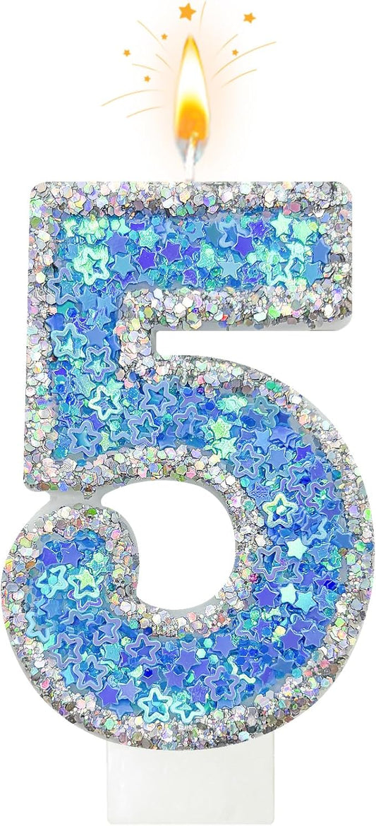 Blue Star Number 5 Candle for Cake Decoration, Glitter Star Cake Topper, Shaker Style Number Candle for Anniversary Celebration Party Supplies