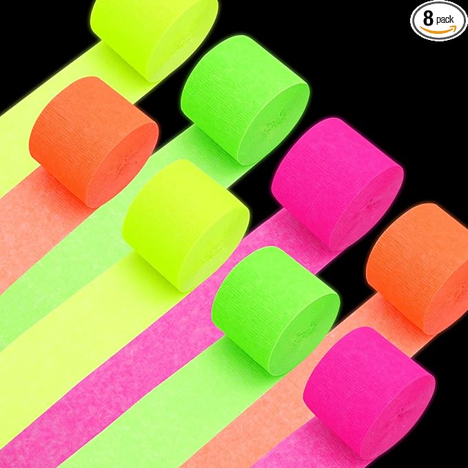8 Rolls Neon Glow Crepe Paper Streamers Glow in Dark Party Supplies Pink Green Orange Yellow Colorful Paper Streamers for Birthday Neon Disco Glow Party （Total 656ft, 1.8Inch x 82Ft/Roll）