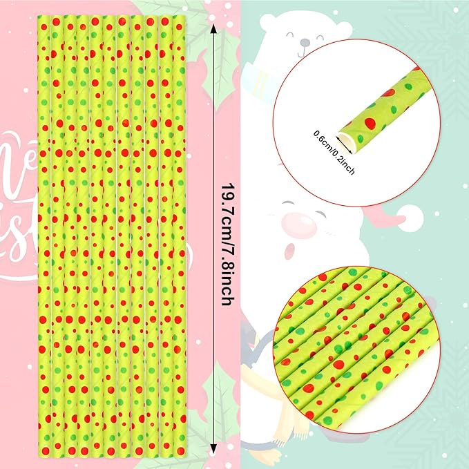 200Pcs Christmas Paper Straws Red and Green Dot Disposable Drinking Straws for Juices Shakes Beverage Cocktails Winter Holiday Xmas Party Supplies