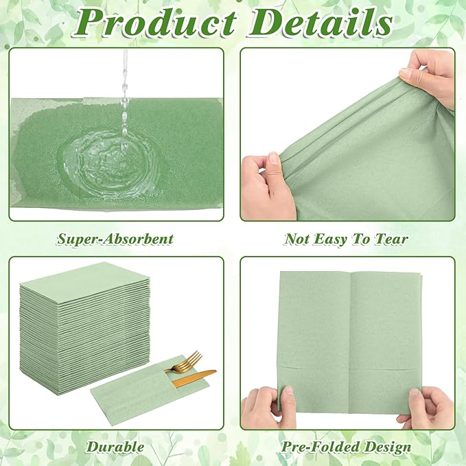 60 Pcs Sage Green Linen-Feel Paper Napkins with Built-in Flatware Pocket, Pocket Linen Napkins Prefolded Cloth Like Paper Napkins Bulk for Silverware Easter Wedding Baby Shower Birthday Bridal Party