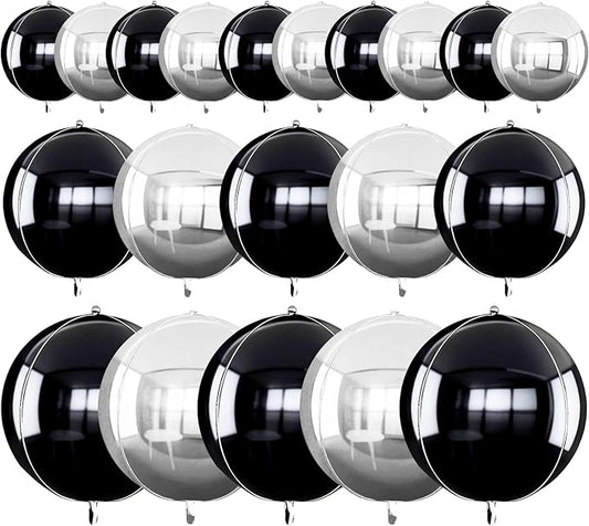 TONIFUL 16Pcs Large Black Silver 4D Giant Round Foil Balloon 4D Mirror Metallic Mylar Sephere Balloons for Christmas New Year Birthday Party Graduation Wedding Baby Shower Decoration Supp(Mix Sizes)