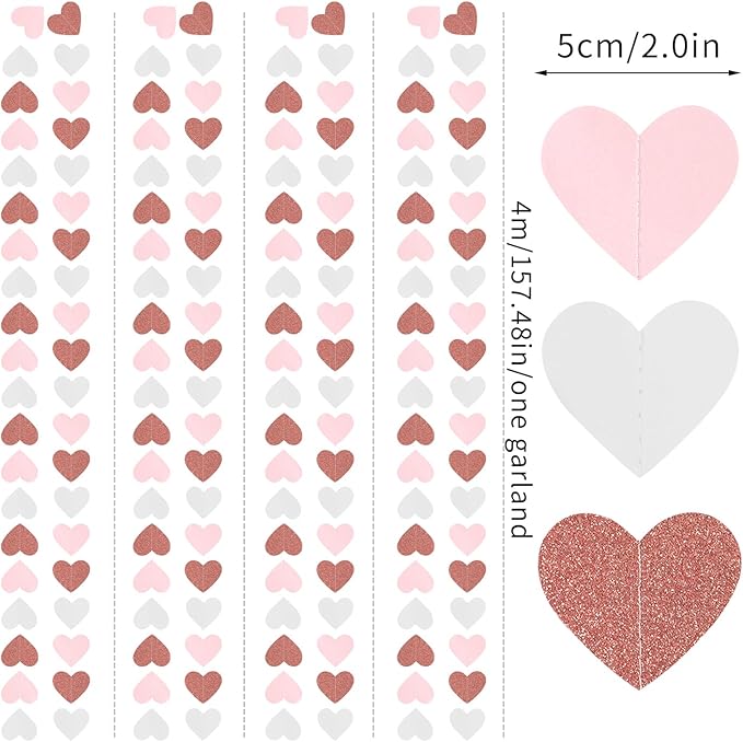 Pink-White Rose-Gold Valentines Party-Decorations Heart-Garland - 52ft Galentines Women Streamers Banner,Romantic Special Night Wedding Bachelorette Bridal Shower Birthday Backdrop Decor Burgleda