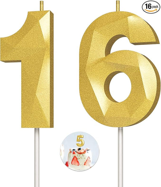 Number Birthday Candles(16 Candle Gold) 3D Diamond Shape Number Happy Birthday Cake Candles for Birthday Party Wedding Decoration Reunions Theme Party