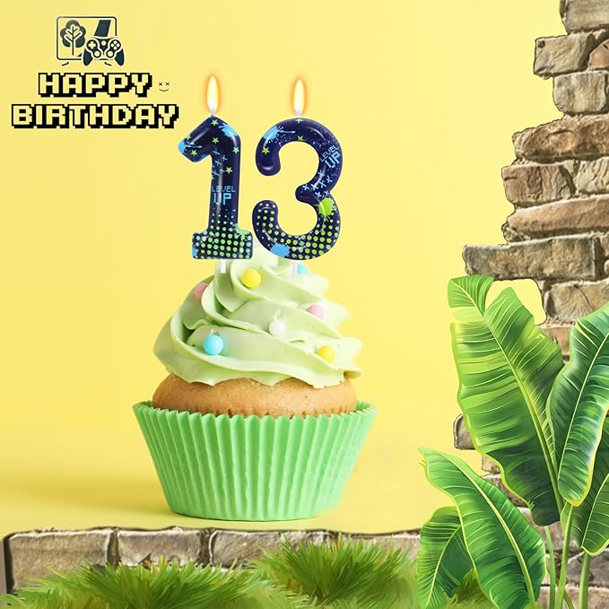 STG Birthday Candles for Boys - Number 13 Candle for Video Game Birthday Cake Topper, Fort Battle Level Up Game Themed Birthday Party Supplies