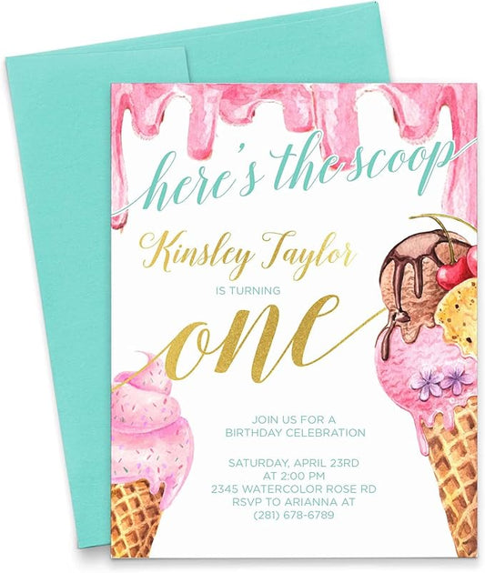 Modern Pink Paper Ice Cream Birthday Invitations for Girls, Ice Cream Invitations Birthday, Your choice of Quantity, Age, Info and Envelope Color