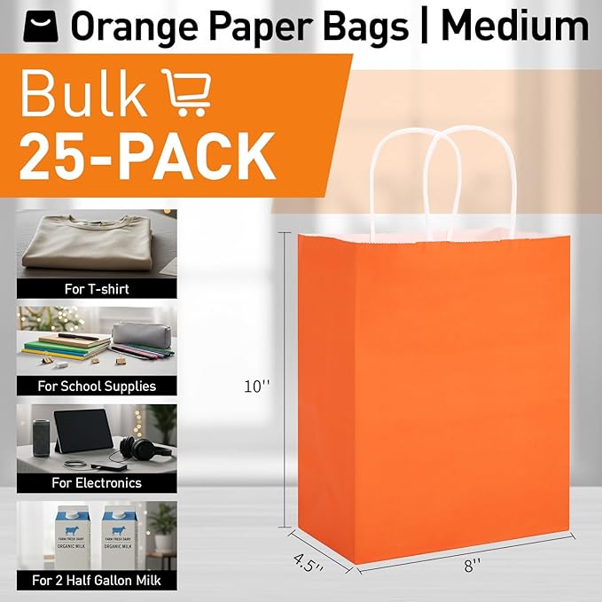 SUNCOLOR 25 Pack Orange Gift Bags with Handles – 8x4.5x10 Medium Bags for Shopping, Retail, DIY, Wedding, Party Favors & Special Occasions