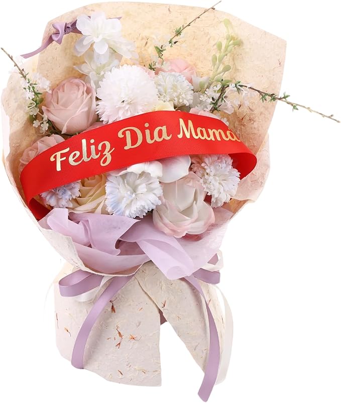 Set of 12 Bouquet Banner Grosgrain Ribbon Tie Wrap Printed Sash Florist Bulk Supply for Floral Arrangements (RED - Feliz Dia Mama)