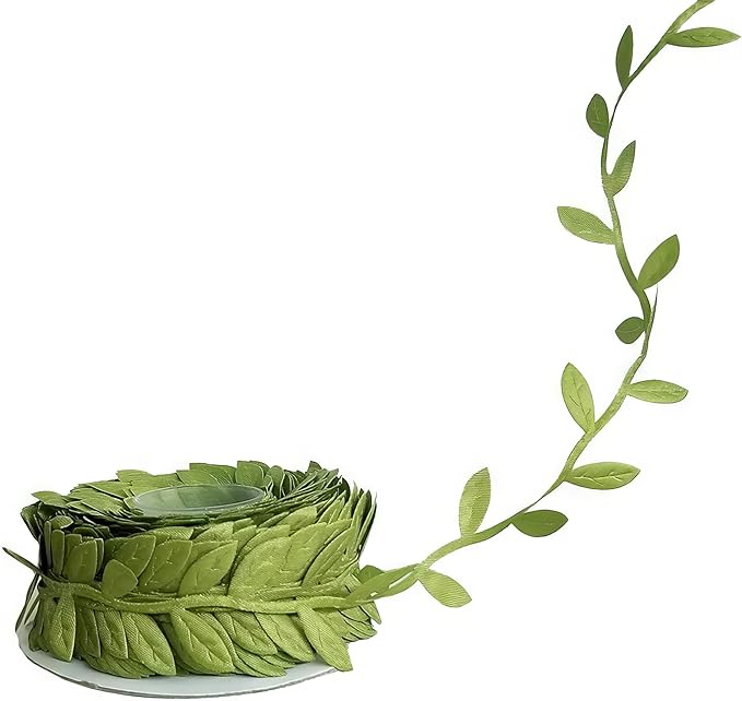 Leaf Ribbon 20 Yard Fabric Ribbons Roll Green Leaf Tape 1" Width Artificial Olive Trim Tape for Gift Wrapping Craft DIY