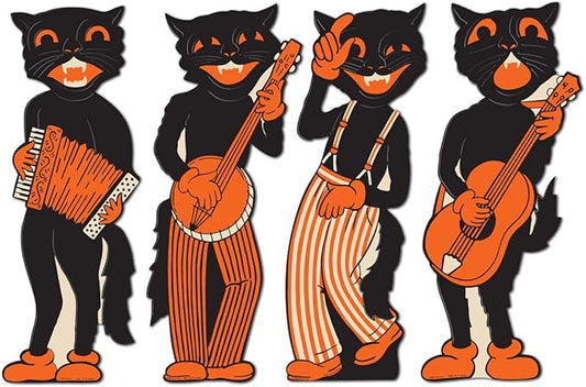 Beistle 4 Piece VINTAGE Halloween Decorations Scat Cat Band Cardstock Paper Cut Out Wall Decorations