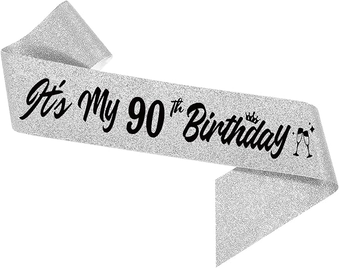 It's My 90th Birthday Sliver Sash - Sparkling Happy 90th Satin Sash for Women - Ninety Years Old Birthday Party Decorations