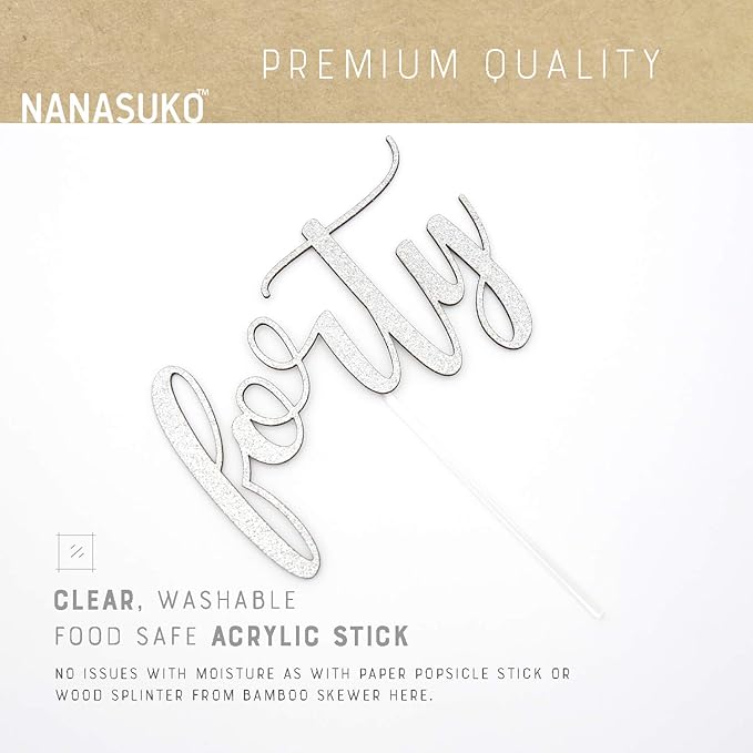 40th Birthday Cake Topper - forty - Double Sided Silver glitter - Premium quality Made in USA