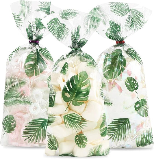 LEOSINDA100 Pcs Gift Wrap Cellophane Treat Bags, 5 X11 Inch Hawaiian Palm Leaf Cellophane Candy Bags with for Candy,Cookies,Wedding Bridal Decorations Birthday,Valentine Party with Twist Ties