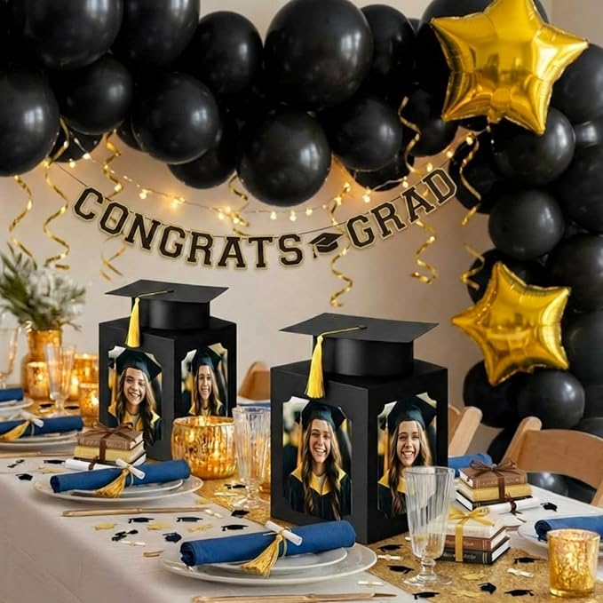 Spiareal 6 Pcs Black Graduation Table Centerpieces Box with Hat, 6/7 Inch Picture Box Centerpieces for Table Photo Props Frame Congrats Grad Decorations for Graduation Wedding