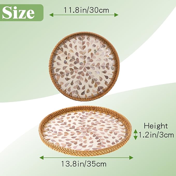 Round Rattan Tray with Mother of Pearl Inlay, Handwoven Wicker Coffee Table Serving Basket Tray for Fruit Snack Party Picnic Cafe Bedroom Kitchen Home Decor Set of 2 (Apricot Willow)