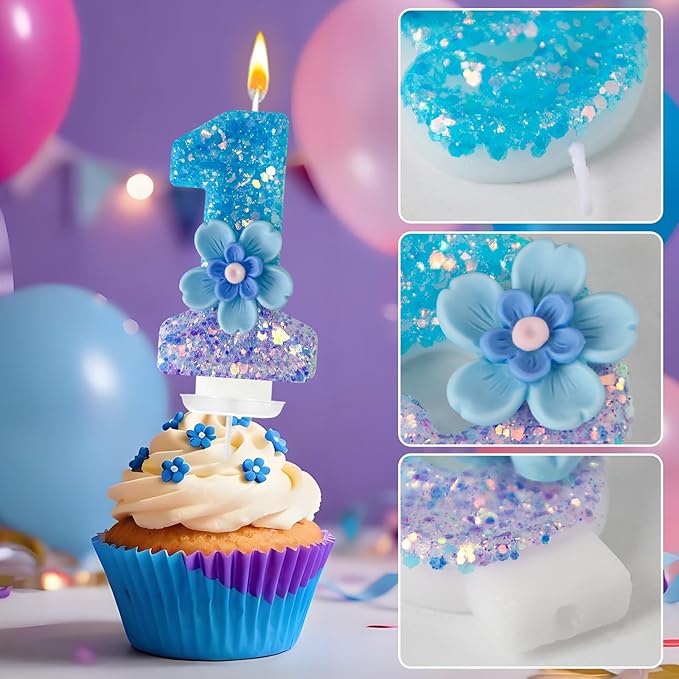 Blue Purple Flower Birthday Number Candles, Flower Theme Party Decorations, Cupcake Decorations, Suitable for Party Celebrations, Boys and Girls Birthday Decorations（1）