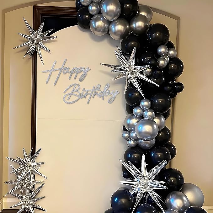 Happy Birthday Sign for Backdrop - Glitter Silver Felt 'Happy Birthday' Letter Sign for Balloon Arch Backdrop Decorations