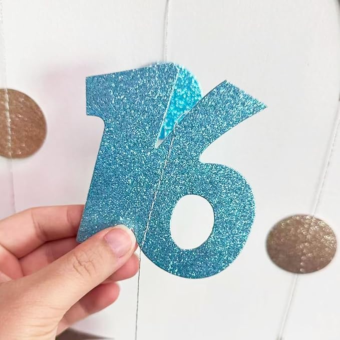 Champagne Gold Blue 16th Birthday Decorations Number 16 Circle Dot Star Garland Glitter Streamer Banner Backdrop for Girls Boys Sweet Sixteen Cheers to 16 Years Old Happy 16th Birthday Party Supplies