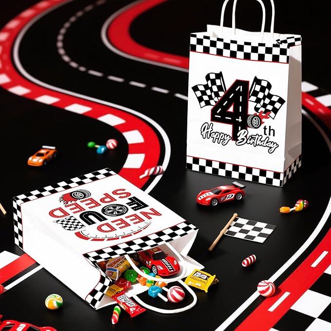 Grencian 16Pcs Need Four Speed Birthday Party Favor Bags Race Car Theme 4th Candy Treat Gift Goodie Bags with Handles Racing Car 4th Birthday Decorations for Kids Boys 4 Year Old Party Favors Supplies