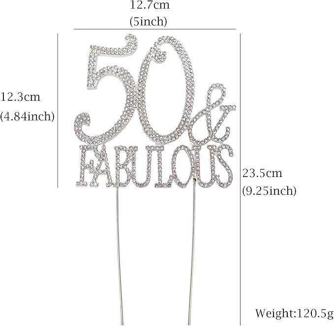 Honbay 50 & Fabulous Birthday Cake Topper Sparkly Bling Alloy Crystal Rhinestones Cake Topper Cake Decoration for 50th Birthday or Anniversary Party