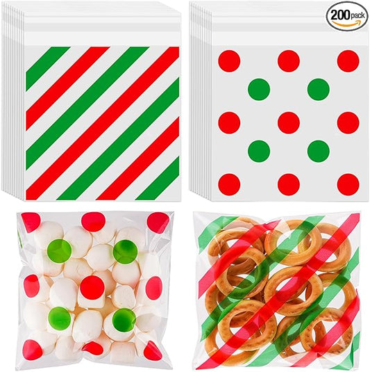 200pcs Cellophane Bags 5.5x5.5 Self Sealing Cookie Bags for Packaging White Cellophane Treat Bags for Gift Giving Packaging Christmas Birthday Party Favor Candy Goodie Homemade Bakery (Red/green)
