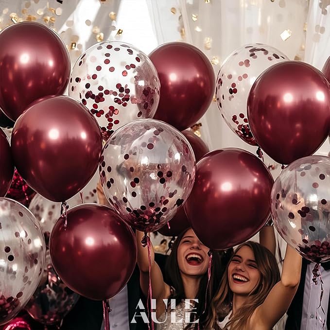 AULE Party Balloons Pack of 42 - Metallic Burgundy Balloons and Confetti Latex Helium Balloons With 64ft Ribbons - 12 Inch Mroon Chrome Balloon Decoration Set