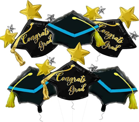 Pensar 6Pcs Graduation Cap Balloons Congrats Grad Hat Foil Balloons for Graduation Decorations, Class of 2026 Party Decor, College High School Grad Party Supplies