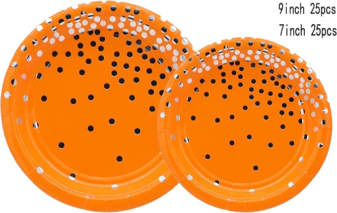 50 Pcs Party Supplies - Orange Silver Dot Tableware Set - 7/9 Inch Paper Plates for Birthdays, Weddings & More