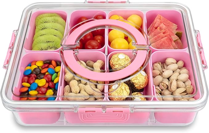 Divided Serving Tray with Lid and Handle,8 Compartments Snacks Box,Snack Fruit Tray,Veggie Tray,Portable Platter for Candy Fruits Nuts Snack Party Entertaining Picnic (2PCS Pink)