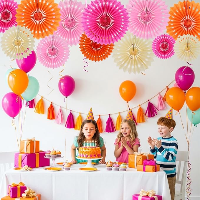 BEISHIDA Pink Orange White Tissue Hanging Honeycomb Round Paper Fans Decoration Set for Girls Birthday Baby Shower Thank's Giving Bachelorette Wedding Backdrops Anniversary Party Supplies(12 Packs)