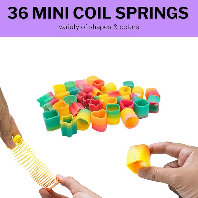 4E's Novelty 108 Pcs Prizes, 36 Of Each, Punch Balloons, Mini Coil Spring, Stretchy Bendable Man, Birthday Party Favor Sets for Kids, Sensory Fidget Treasure Chest Prize Box Toys for Classroom