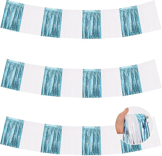 BEISHIDA 3 Packs Metallic Foil Fringe Garland Light Blue White Wall Hanging Tinsel Fringe Banners for Car Floats Bridal Shower Wedding Birthday Graduation Holiday Party Decoration(30 Feet)
