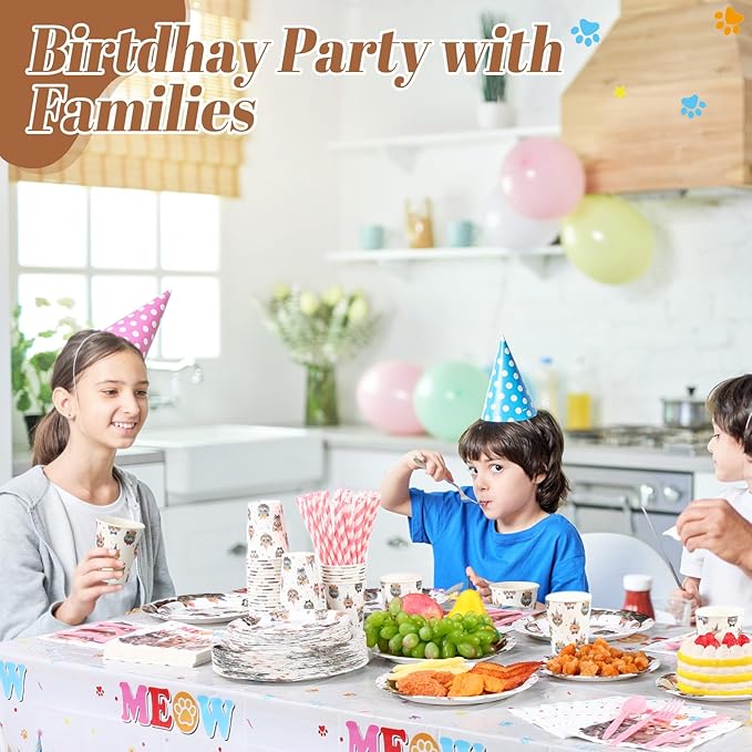 Funnymoom 452 Pcs Cat Birthday Party Decorations for 50 Guests, Cat Paper Plates Napkins Cups Tablecloth Cutlery Straws Disposable Tableware Set for Kitten Lover Birthday Party Supplies
