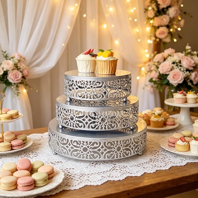 Silver Cake Stand, 3Pcs Round Metal Cake Stand Set, Dessert Cupcake Pastry Candy Display Plate 8" 10" 12" for Wedding, Event, Birthday Party (Silver Cake Stands / 3 Pcs)