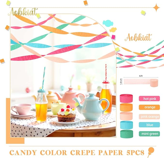 AOBKIAT 5 Rolls Rainbow Party Streamers Crepe Paper,Candyland Party Decorations for Christmas,Birthday,Wedding,Bachelorette,Bridal/Baby Shower,Hanging Candyland Backdrop Decoration