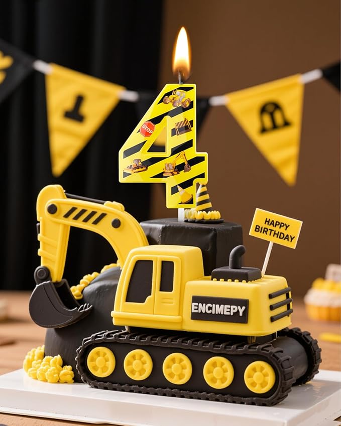 Number 4 Construction Birthday Candle, 2.68 Inch Yellow and Black Striped Candle, Birthday Candles Numbers Construction Cake Topper for Boys Girls, Construction Birthday Party Supplies Decorations