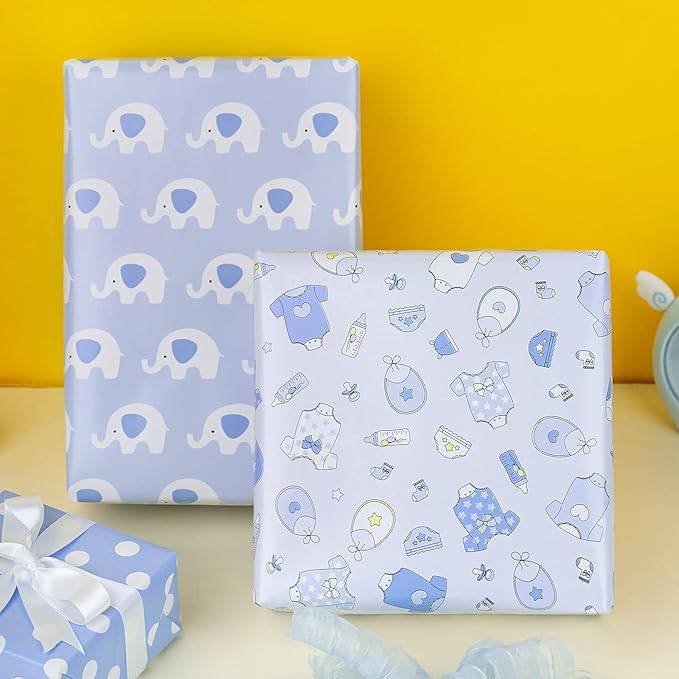 MAYPLUSS Blue Elephant Baby Shower Wrapping Paper - 17" X 120" Per Roll(3 Rolls) - Elegant Welcome Boy Elephant Theme Birthday Gift Wrap Sheet for Baby Shower, Celebration, Party, Newborn