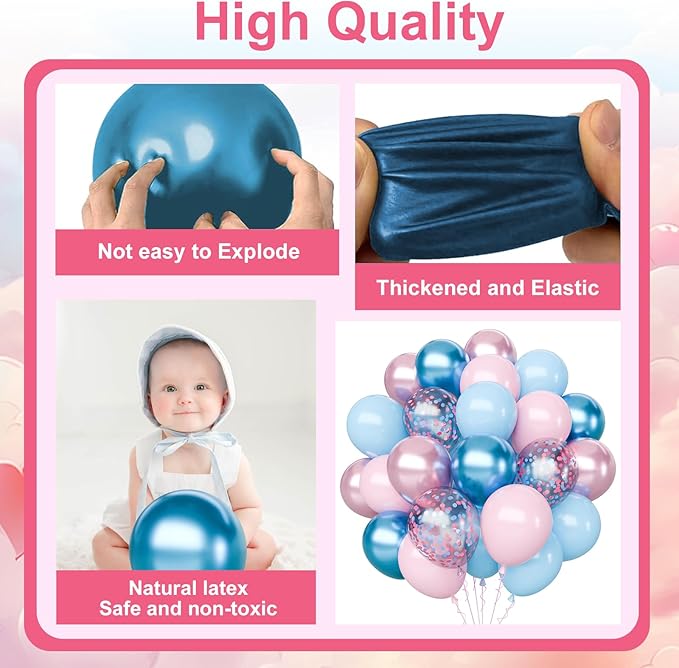 Pink and Blue Latex Balloons Set, 65Pcs 12 Inch Metallic Pink and Metallic Blue Balloons, Gender Reveal Balloons for Boy or Girl Gender Reveal Decorations Birthday Party Baby Shower Anniversary