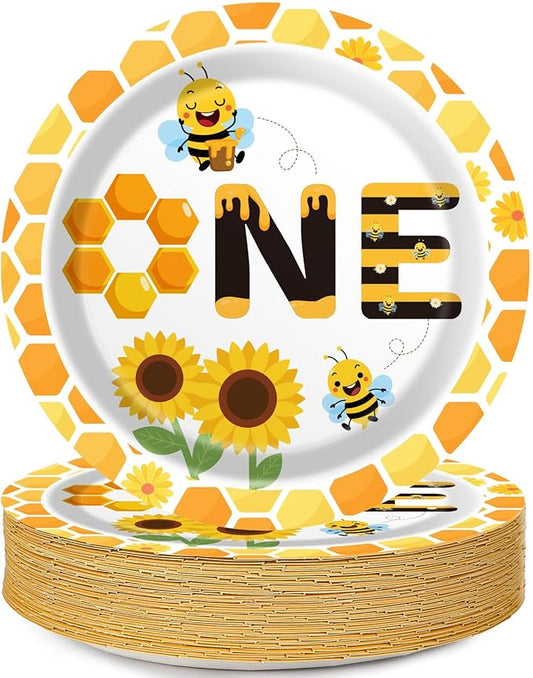 Qyeahkj 48 Pcs Bee 1st Birthday Party Plates First Bee Day Disposable Paper Dessert Plates Supplies for Bee Birthday Baby Shower Dessert Plates Tableware Decorations