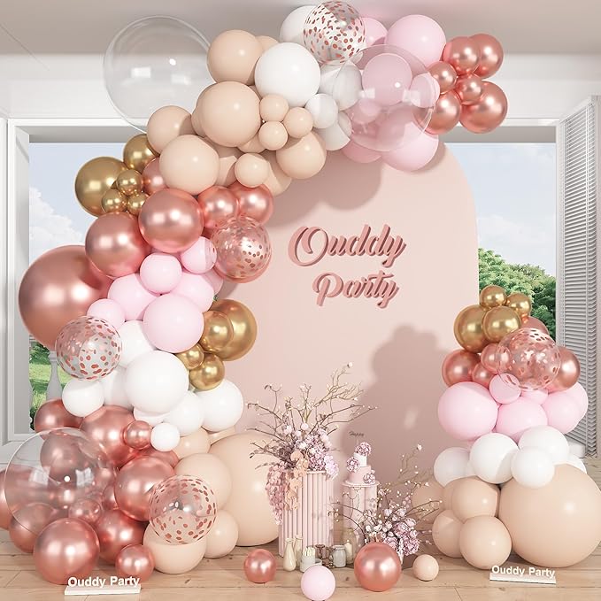 Ouddy Party 149Pcs Rose Gold Balloon Arch Garland Kit Different Sizes 18 12 10 5Inch, 6Pcs 18” Clear Nude Pink White Metallic Confetti Balloons for Wedding Baby Shower Girl Birthday Party Decorations