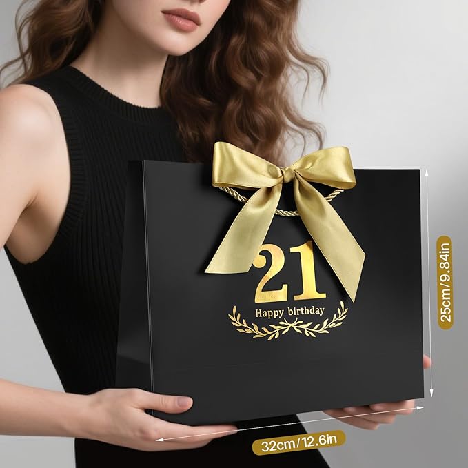 JMANNI Black Gold 21st Birthday Gift Bag with Card and Tissue Paper, 12.6"×9.84"×3.9" Elegant Present Bag for Adults, 21 Year Old Birthday Keepsake Party Supplies