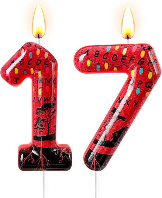 Red Number 17 Birthday Candle for Cake – Dark Horror Style with Alphabet Print & Shadow Design – Unique Cake Topper for Birthday, Anniversary, Themed Party Decoration