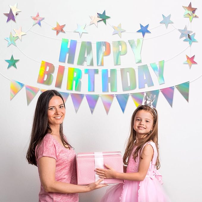 Iridescent Happy Birthday Banner Iridescent Birthday Decoration Shiny Holographic Birthday Banner Rainbow Holographic Pennant Flag 6.56FT Star Bunting Garland Iridescent Party Supplies for Girls Women