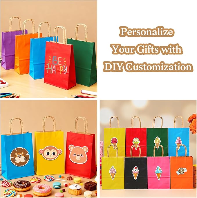 100 PCS Medium Gift Bags with Handles, 7.88"x4.73"x10.64" Party Favor Bags, 12 Colored Goodie Bags for Birthday Party, Kraft Paper Gift Bags Bulk for Wedding, Baby Shower, Celebrations, Party Supplies