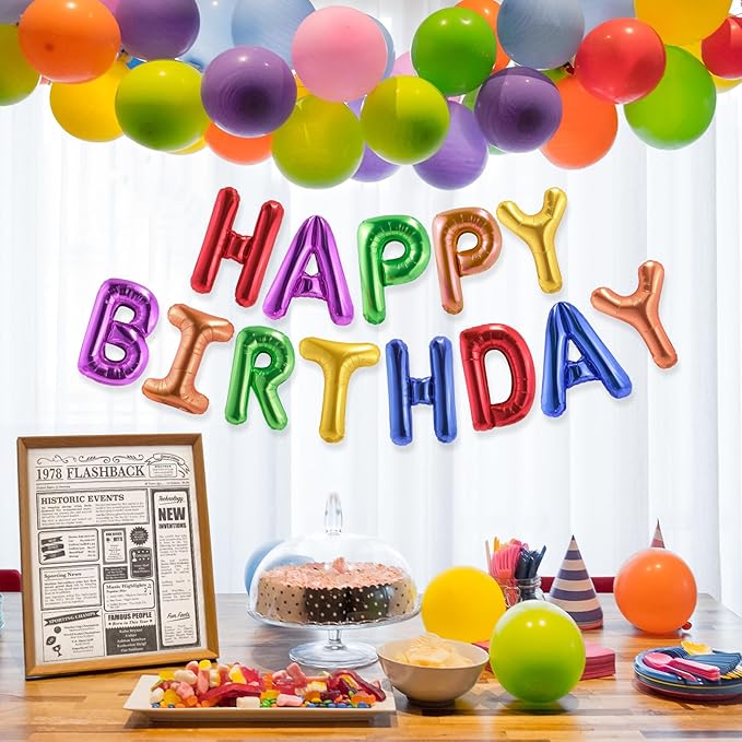 CANREVEL Happy Birthday Banner 13pcs 16 Inch Mylar Foil Letters Balloons Birthday Party Decorations for Kids and Adults - 3D Rainbow